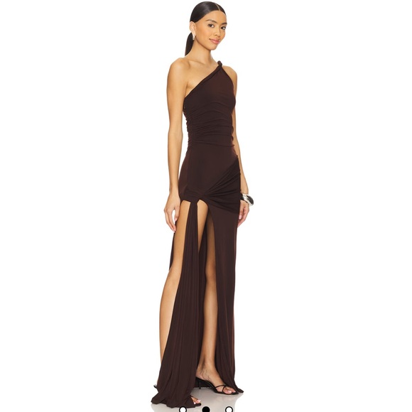 Lovers + Friends Sabrina Gown in Espresso Brown Elegant One-Shoulder Brown  Dress